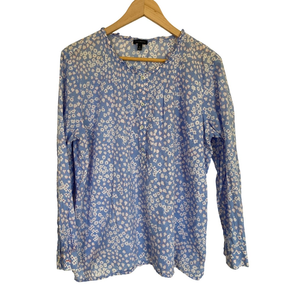 Talbots Womens XL Blue Floral Cotton Pintuck Ruffle Neck Button Blouse Top